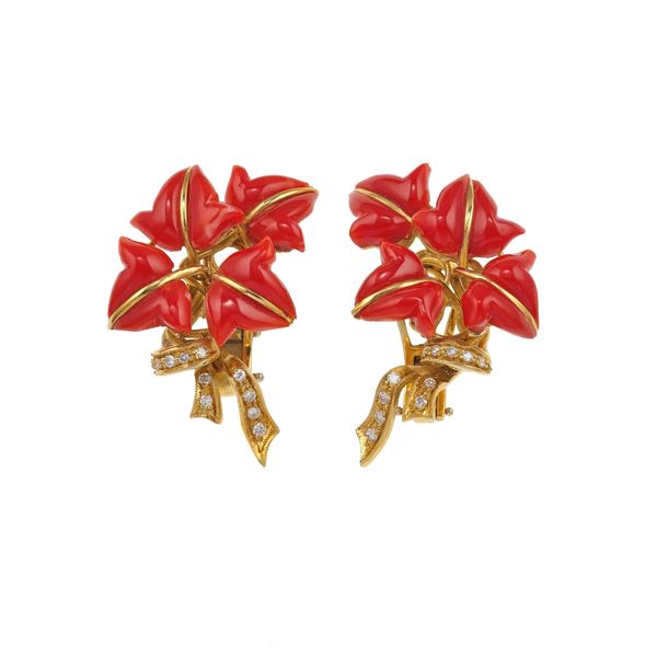 Pair of coral, diamond and gold earrings
