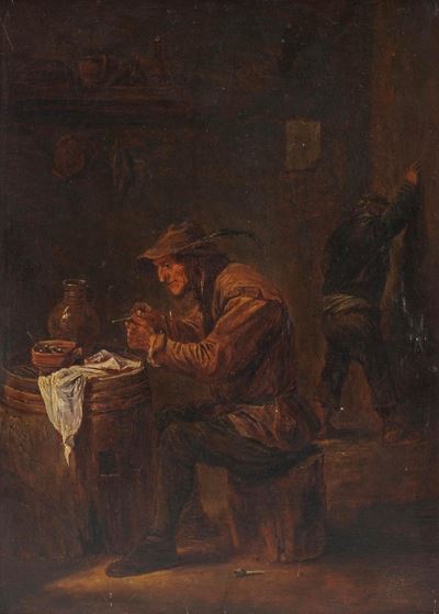 Scuola olandese del XVII/XVIII secolo, Scena di genere con interno di osteria, olio su tavoletta