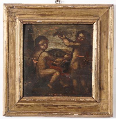 Scuola del XVIII-XIX secolo, Due putti, olio su tavola