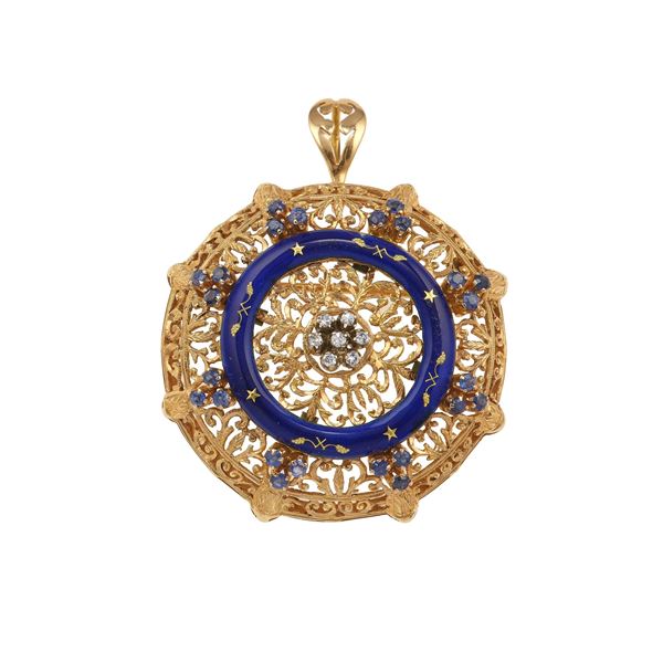 Diamond, sapphires, enamel and gold pendenti brooch. Maker’s mark 26AL