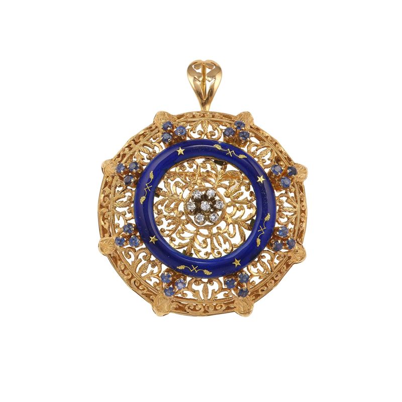 Diamond, sapphires, enamel and gold pendenti brooch. Maker’s mark 26AL  - Auction Jewels - Cambi Casa d'Aste