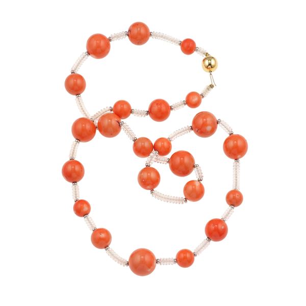Coral, crystal and gold sautoir. Signed Scavia