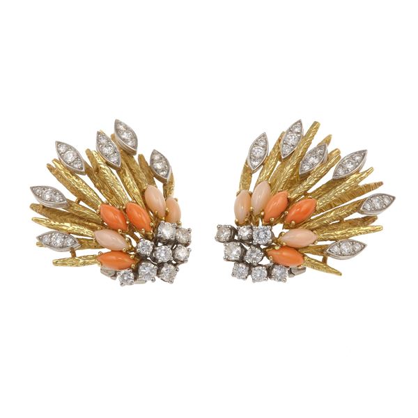 Pair of diamond, coral and gold earrings. Signed Piaget