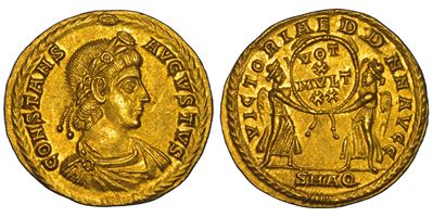 CONSTANS AVGVSTVS, Busto drappeggiato con Vittorie, oro, 337-350 d.C.