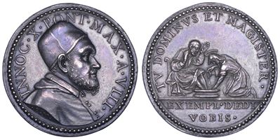 Innocenzo X (Giovanni Battista Pamphilj), Medaglia in argento A. VIII. Lavanda dei piedi del Giov...
