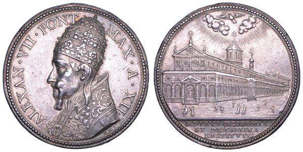 STATO PONTIFICIO. ALESSANDRO VII (Fabio Chigi), 1655-1667. Medaglia annuale in argento 1666/A. XII. Nuova Ala dell'Ospedale Santo Spirito in Sassia a Roma.