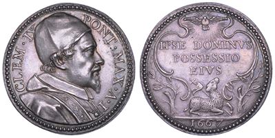 CLEMENTE IX (Giulio Rospigliosi), Medaglia in argento con Busto e Agnus Dei, 1667