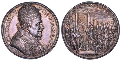 Clemente X (Emilio Altieri), Medaglia in argento 1675 con rappresentazione del Papa e della sua c...