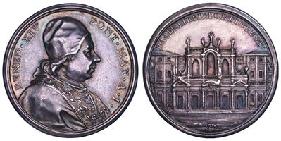 Benedetto XIV (Prospero Lorenzo Lambertini), Medaglia annuale in argento 1741/A - Costruzione del...