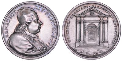 BENEDICTO XIV (Prospero Lorenzo Lambertini), Medaglia annuale in argento A. IV (1744), La ricostr...