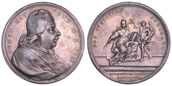 STATO PONTIFICIO. BENEDETTO XIV (Prospero Lorenzo Lambertini), 1740-1758. Medaglia annuale in argento 1748/A.VIII.  Riforma del Tribunale della Segnatura di Grazia.