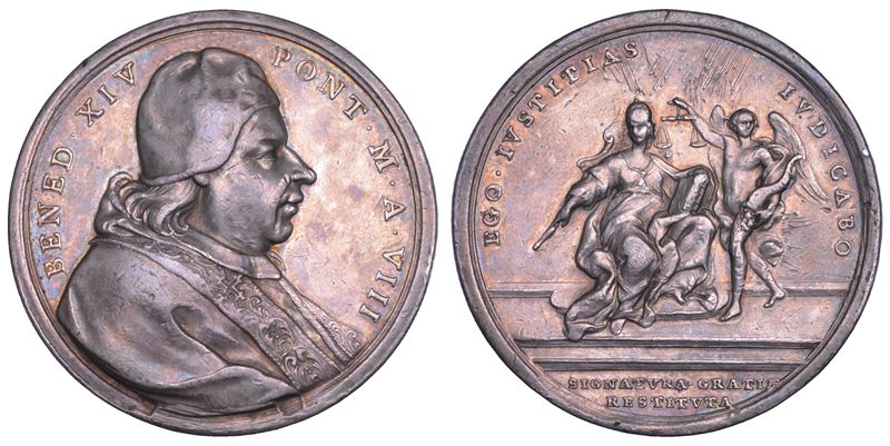 STATO PONTIFICIO. BENEDETTO XIV (Prospero Lorenzo Lambertini), 1740-1758. Medaglia annuale in argento 1748/A.VIII.  Riforma del Tribunale della Segnatura di Grazia.  - Auction Numismatics - Cambi Casa d'Aste