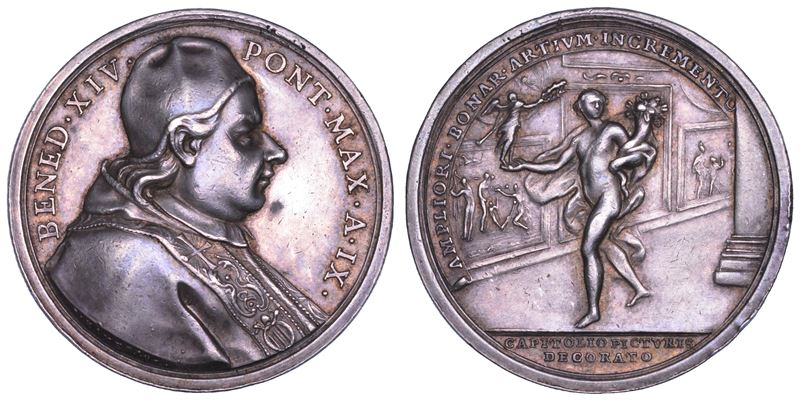 STATO PONTIFICIO. BENEDETTO XIV (Prospero Lorenzo Lambertini), 1740-1758. Medaglia annuale in argento A. IX (1749). Arricchimento della Pinacoteca del Museo Capitolino.  - Asta Numismatica - Cambi Casa d'Aste