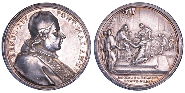 STATO PONTIFICIO. BENEDETTO XIV (Prospero Lorenzo Lambertini), 1740-1758. Medaglia annuale in argento 1750/A.XI.  Congresso dei Francescani Osservanti.