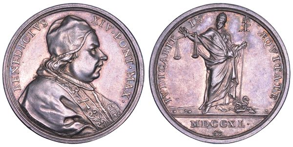 STATO PONTIFICIO. BENEDETTO XIV (Prospero Lorenzo Lambertini), 1740-1758. Medaglia  in argento 1740. Le Virtù del Pontefice.