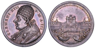 Clemente XIII (Carlo Rezzonico), Medaglia annuale in argento 1761, con veduta del porto di Civita...