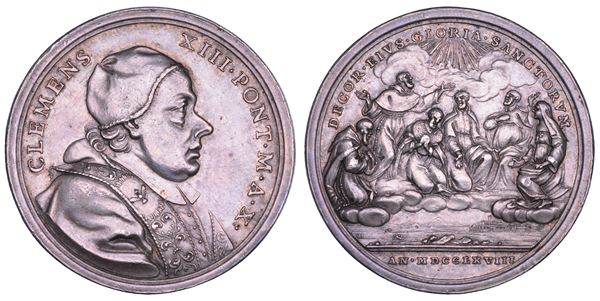 STATO PONTIFICIO. CLEMENTE XIII (Carlo Rezzonico), 1758-1769. Medaglia in annuale argento 1768/A. X. Canonizzazione di sei nuovi Santi.