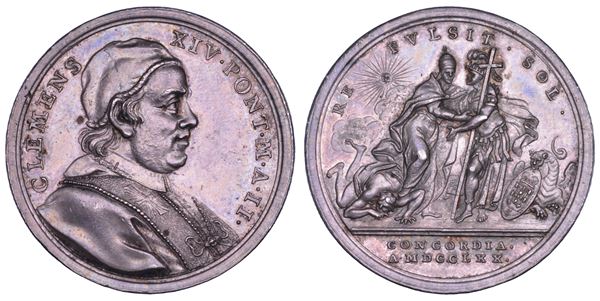 STATO PONTIFICIO. CLEMENTE XIV (Gian Vincenzo Antonio Ganganelli), 1769-1774. Medaglia annuale in argento 1770/A. II. Riconciliazione con il Portogallo.