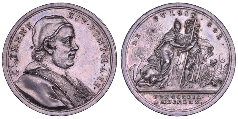 STATO PONTIFICIO. CLEMENTE XIV (Gian Vincenzo Antonio Ganganelli), 1769-1774. Medaglia annuale in argento 1770/A. II. Riconciliazione con il Portogallo.  - Asta Numismatica - Cambi Casa d'Aste