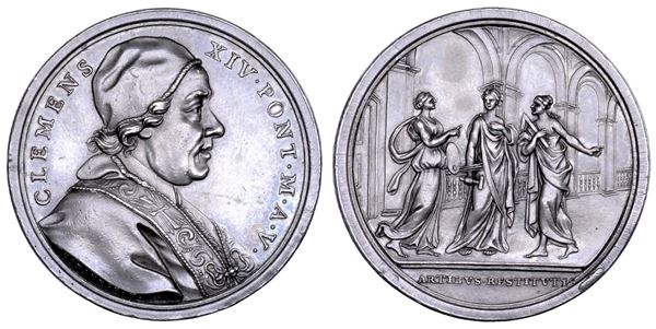 STATO PONTIFICIO. CLEMENTE XIV (Gian Vincenzo Antonio Ganganelli), 1769-1774. Medaglia annuale in argento 1773/A. V. Incremento alle Belle Arti.