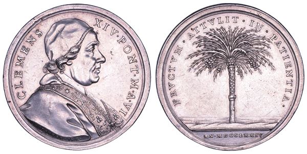 STATO PONTIFICIO. CLEMENTE XIV (Gian Vincenzo Antonio Ganganelli), 1769-1774. Medaglia annuale in argento 1774/A. VI. Restituzione alla Santa Sede dei possedimenti d'Avignone, Benevento e Pontecorvo.