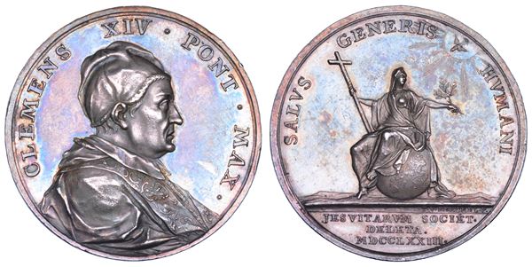 STATO PONTIFICIO. CLEMENTE XIV (Gian Vincenzo Antonio Ganganelli), 1769-1774. Medaglia in argento 1773/A. V. Cacciata dei Gesuiti.