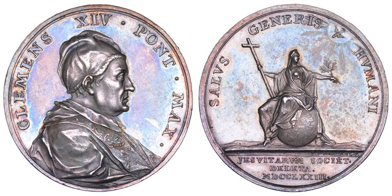 STATO PONTIFICIO. CLEMENTE XIV (Gian Vincenzo Antonio Ganganelli), 1769-1774. Medaglia in argento 1773/A. V. Cacciata dei Gesuiti.  - Auction Numismatics - Cambi Casa d'Aste