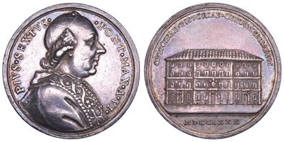 Medaglia annuale in argento per Pio VI, 1780 - Prospetto del nuovo panificio di Civitavecchia