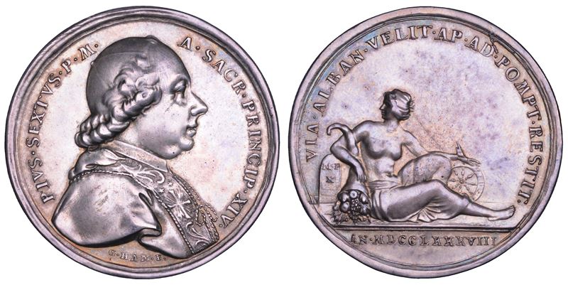 STATO PONTIFICIO. PIO VI (Giannangelo Braschi), 1775-1799. Medaglia annuale in argento 1788/A. XIV. La Via Appia Antica riaperta al traffico.  - Auction Numismatics - Cambi Casa d'Aste