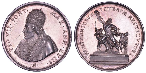 STATO PONTIFICIO. PIO VII (Barnaba Chiaramonti), 1800-1823. Medaglia annuale in argento (1817)/A. XVIII. Restituzione di opere d'arte da parte della Francia.