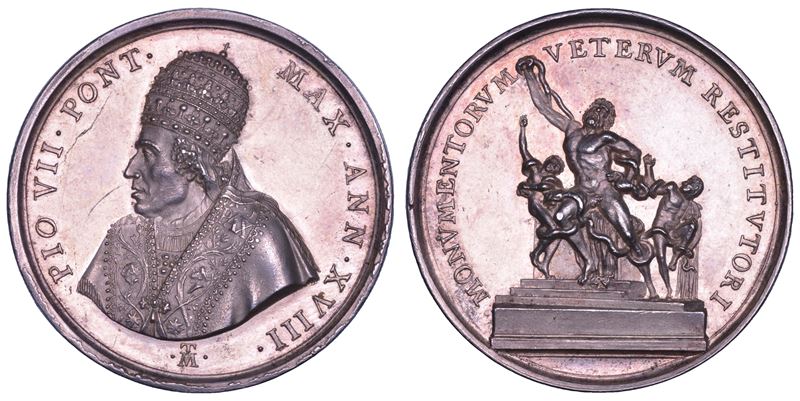STATO PONTIFICIO. PIO VII (Barnaba Chiaramonti), 1800-1823. Medaglia annuale in argento (1817)/A. XVIII. Restituzione di opere d'arte da parte della Francia.  - Auction Numismatics - Cambi Casa d'Aste