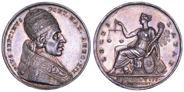 STATO PONTIFICIO. PIO VII (Barnaba Chiaramonti), 1800-1823. Medaglia annuale in argento 1818/A.XIX. Nuovo codice di procedura.