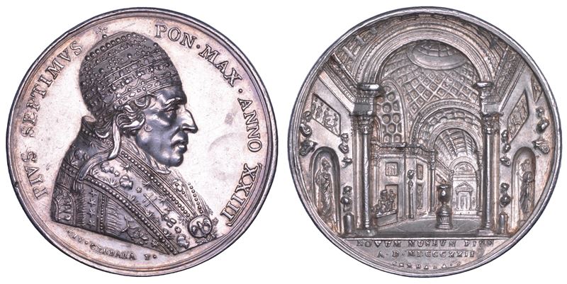 STATO PONTIFICIO. PIO VII (Barnaba Chiaramonti), 1800-1823. Medaglia annuale in argento 1822/A. XXIII. Ampliamento Museo Vaticano.  - Asta Numismatica - Cambi Casa d'Aste