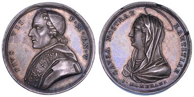 Pio VII (Barnaba Chiaramonti), Medaglia in argento con Busto e Beata Vergine, 1804