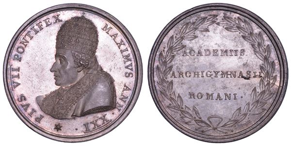 STATO PONTIFICIO. PIO VII (Barnaba Chiaramonti), 1800-1823. Medaglia premio in argento A.XXI. Medaglia premio per i docenti dell'Università di Roma.