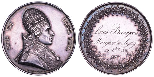STATO PONTIFICIO. PIO VII (Barnaba Chiaramonti), 1800-1823. Medaglia da matrimonio in argento (1820/A. XXI).