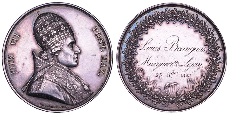 STATO PONTIFICIO. PIO VII (Barnaba Chiaramonti), 1800-1823. Medaglia da matrimonio in argento (1820/A. XXI).  - Auction Numismatics - Cambi Casa d'Aste