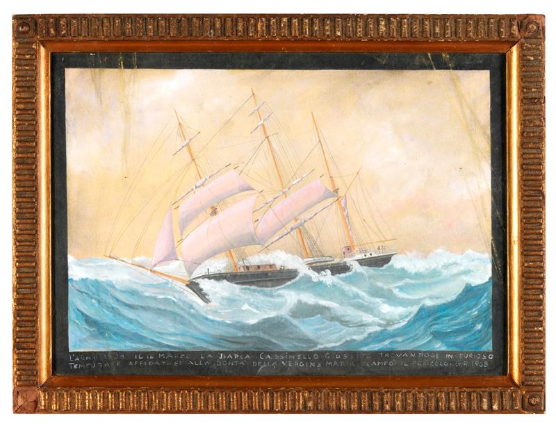 Ex voto raffigurante la barca Cassinello in tempesta  - gouache su carta - Asta Strumenti Scientifici e Arte Marinara - Cambi Casa d'Aste