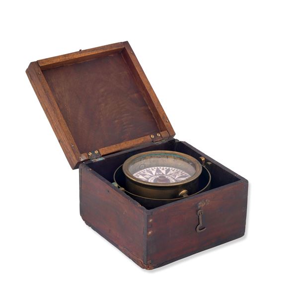 Bussola in ottone in cassetta di legno, Robert Merill and sons