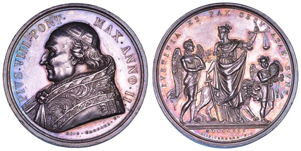 STATO PONTIFICIO. PIO VIII (Francesco Saverio Castiglioni), 1829-1830. Medaglia annuale in argento 1830/A. II. Successi della Politica Pontificia.