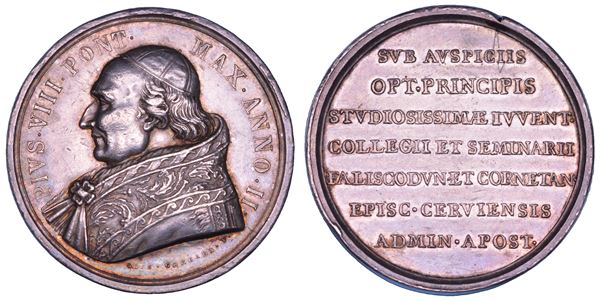 STATO PONTIFICIO. PIO VIII (Francesco Saverio Castiglioni), 1829-1830. Medaglia premio in argento (1830)/A. II. Agli alunni del Collegio di Montefiascone.