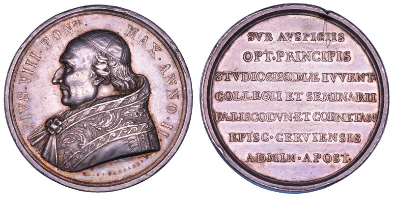 STATO PONTIFICIO. PIO VIII (Francesco Saverio Castiglioni), 1829-1830. Medaglia premio in argento (1830)/A. II. Agli alunni del Collegio di Montefiascone.  - Asta Numismatica - Cambi Casa d'Aste