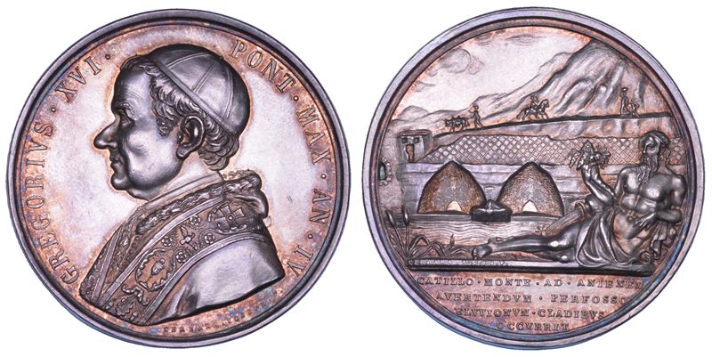 STATO PONTIFICIO. GREGORIO XVI (Bartolomeo Alberto Cappellari), 1831-1846. Medaglia annuale in argento 1834/A. IV. Deviazione del corso dell'Aniene nei pressi di Tivoli.  - Auction Numismatics - Cambi Casa d'Aste