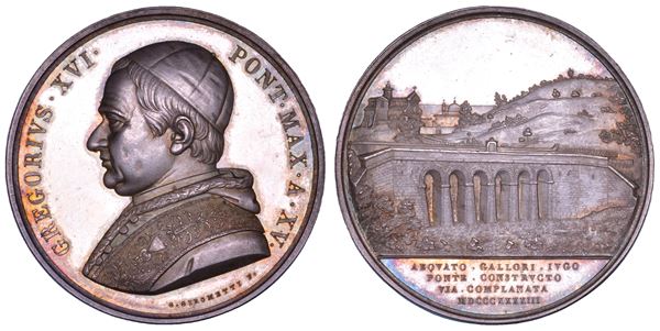 STATO PONTIFICIO. GREGORIO XVI (Bartolomeo Alberto Cappellari), 1831-1846. Medaglia annuale in argento 1845/A. XV. Costruzione del ponte di Galloro.