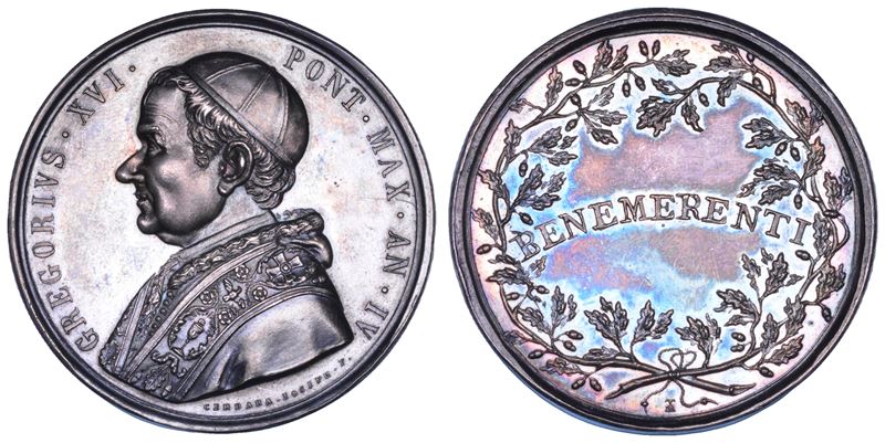 STATO PONTIFICIO. GREGORIO XVI (Bartolomeo Alberto Cappellari), 1831-1846. Medaglia in argento (1834)/A. IV. Benemerenti.  - Auction Numismatics - Cambi Casa d'Aste