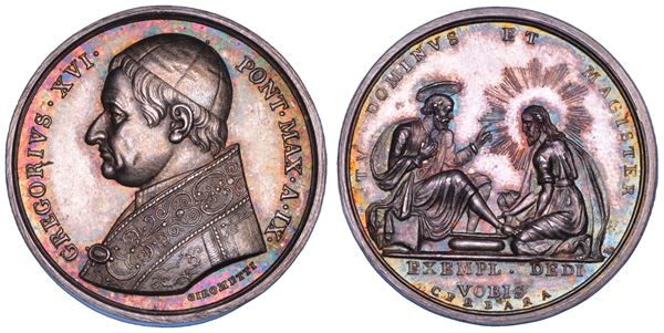 STATO PONTIFICIO. GREGORIO XVI (Bartolomeo Alberto Cappellari), 1831-1846. Medaglia in argento (1839)/A. IX. Lavanda dei piedi del Giovedì Santo.