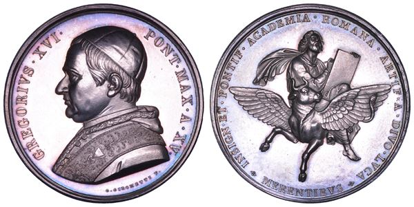 STATO PONTIFICIO. GREGORIO XVI (Bartolomeo Alberto Cappellari), 1831-1846. Medaglia in argento A. XV (1845). Premio dell’Accademia di San Luca.