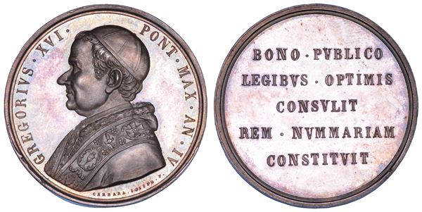 STATO PONTIFICIO. GREGORIO XVI (Bartolomeo Alberto Cappellari), 1831-1846. Medaglia in argento 1835/A. IV. Riforma monetaria.