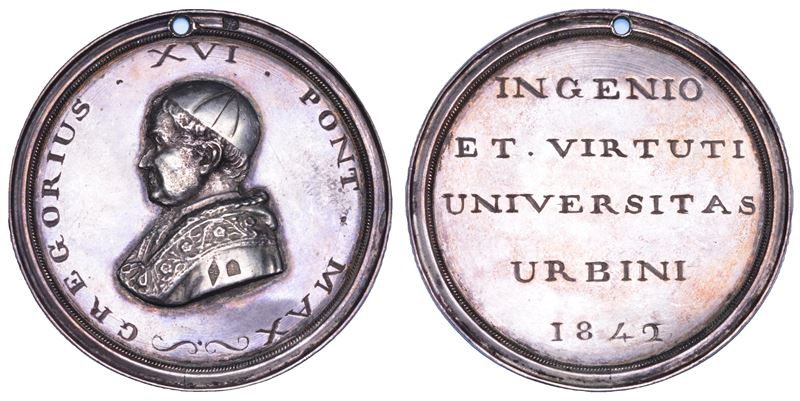 STATO PONTIFICIO. GREGORIO XVI (Bartolomeo Alberto Cappellari), 1831-1846. Medaglia premio in argento 1842. Università di Urbino.  - Asta Numismatica - Cambi Casa d'Aste