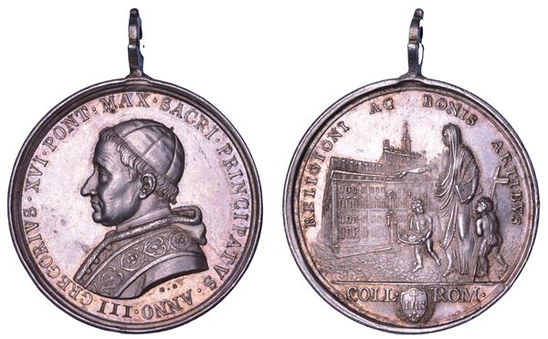 STATO PONTIFICIO. GREGORIO XVI (Bartolomeo Alberto Cappellari), 1831-1846. Medaglia in argento (1833)/A. III. Premio agli studenti del Collegio Romano.